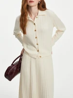 FSLE 10.1% Wool Gray Pure White Knit Cardigan Set 2024 Autumn Winter Cardigan Pleated Skirt Two Pieces Set 24FS14247+24FS14248