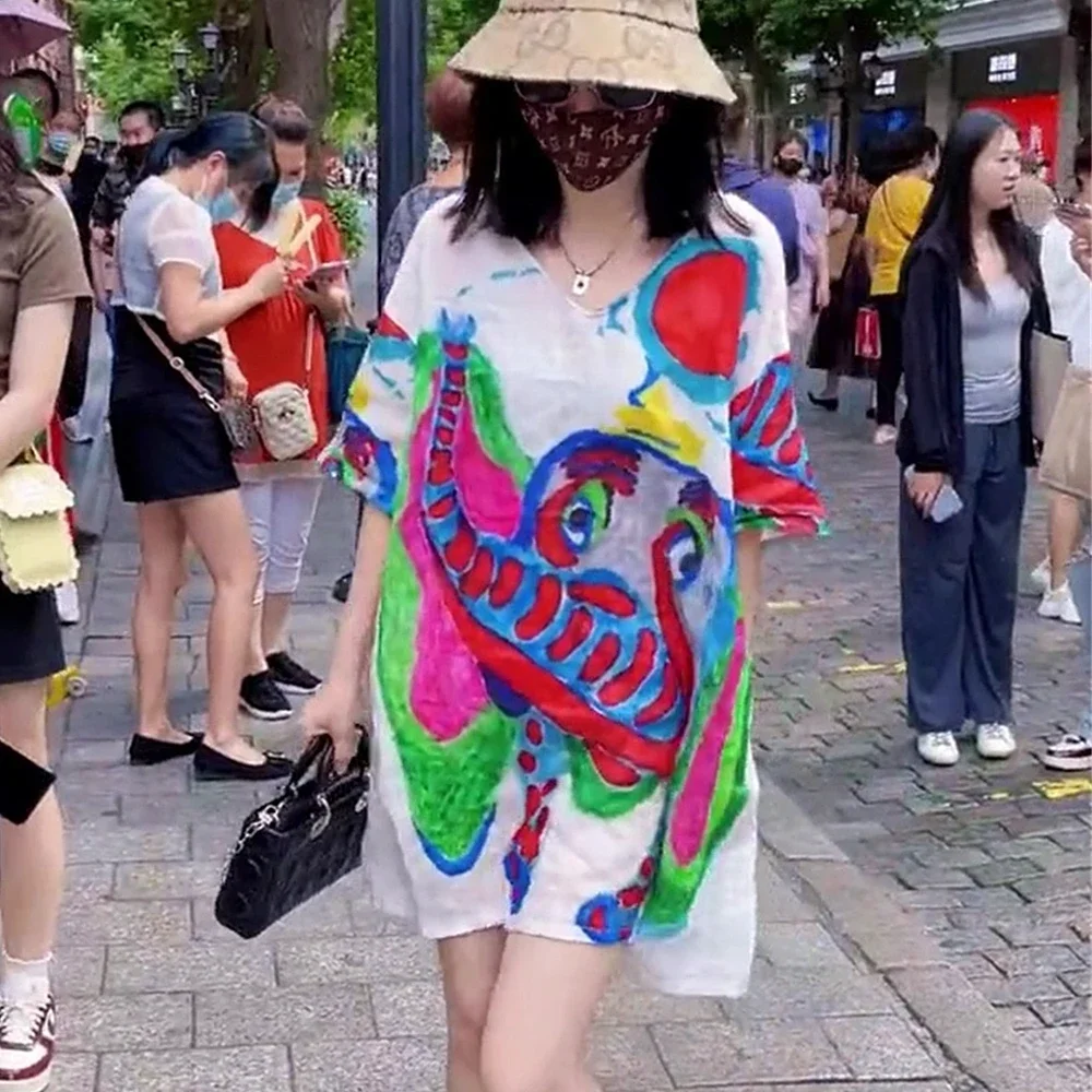 American Fashion Elephant Oil Paint Graphic Magliette Sexy Women Summer Loose Dress All-Match Con Scollo A V Top Bianchi Sweet Beach Lady