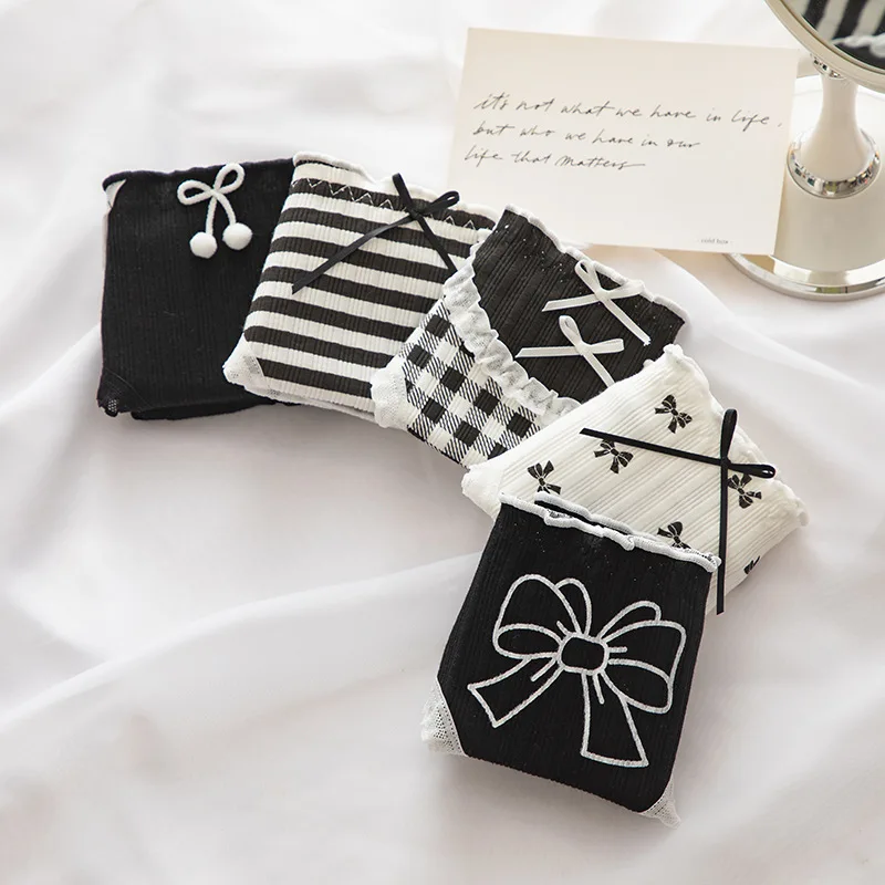 5PcsSexyCottonBowknotWomenPantiesBlackandWhiteStripeKnickers