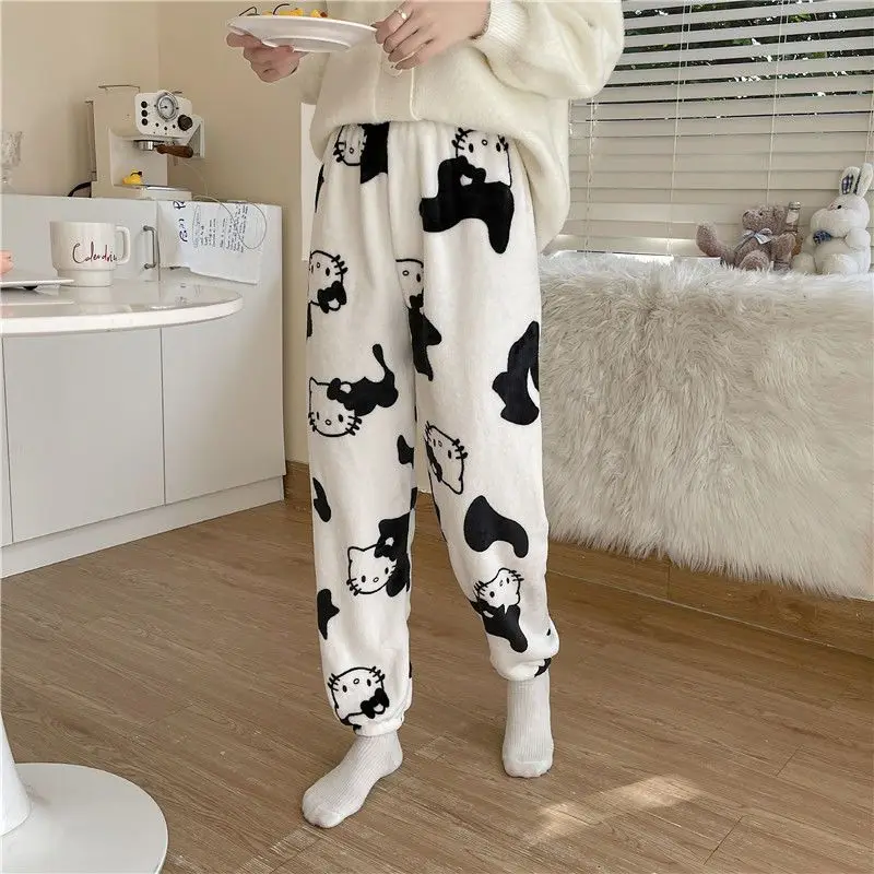 Sanrio Hello Kitty Pajamas Pants Y2k Cartoon Black Cute Women Soft Plush  Keep Warm Thickening Trousers Kawaii Female Casual Pant