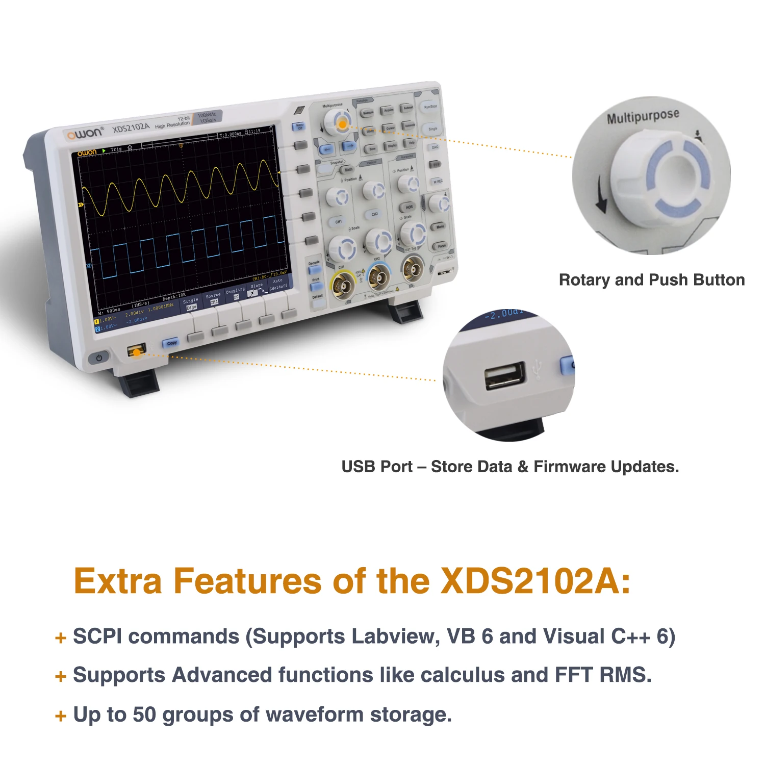 OWON XDS2102A Digital Oscilloscope 100MHz 1GS/s 2 Channels+1External 20M Record Length 12-bit High Resolution ADC and 8 inch LCD 6