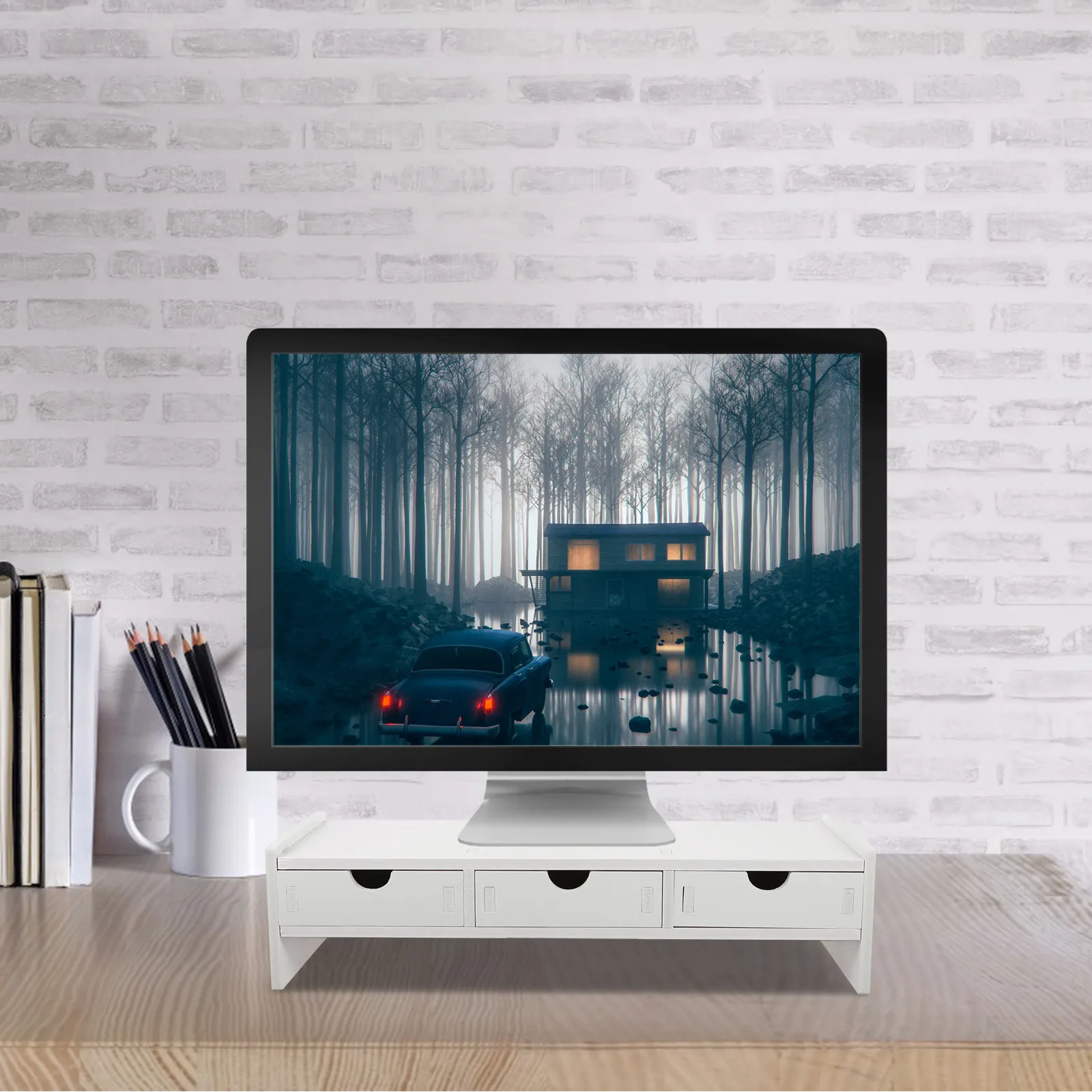 모니터 라이저 스탠드 컴퓨터 화면 높이 조절 가능 흰색 PVC 3단 서랍 내구성 있는 목재 플라스틱 데스크 정리함 노트북 모니터