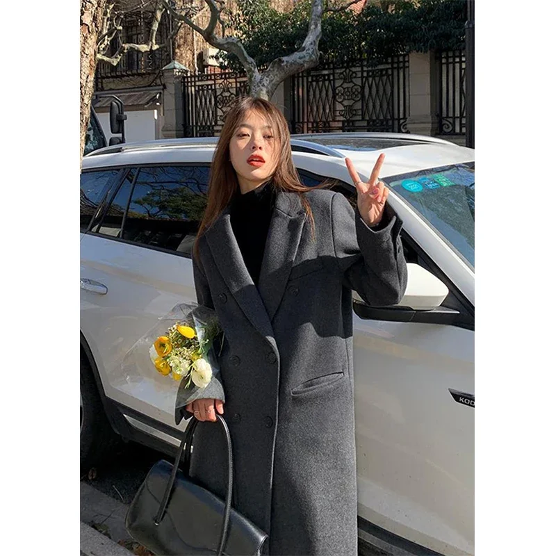 MEXZT Long Wool Blends Coats Women Streetwear Black Blazer Korean Quilted Woolen Jackets Winter Elegant Overcoat Thick Outerwear 4