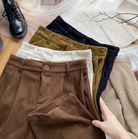 2023 High Waist Women Retro Corduroy Pants Fall Straight Causal Full Length Trousers Vintage Coffee Pockets All Match Pants New stylish front split flare jeans vintage ripped stretch high waist skinny denim pants blue coffee denim trousers 2022 fashion