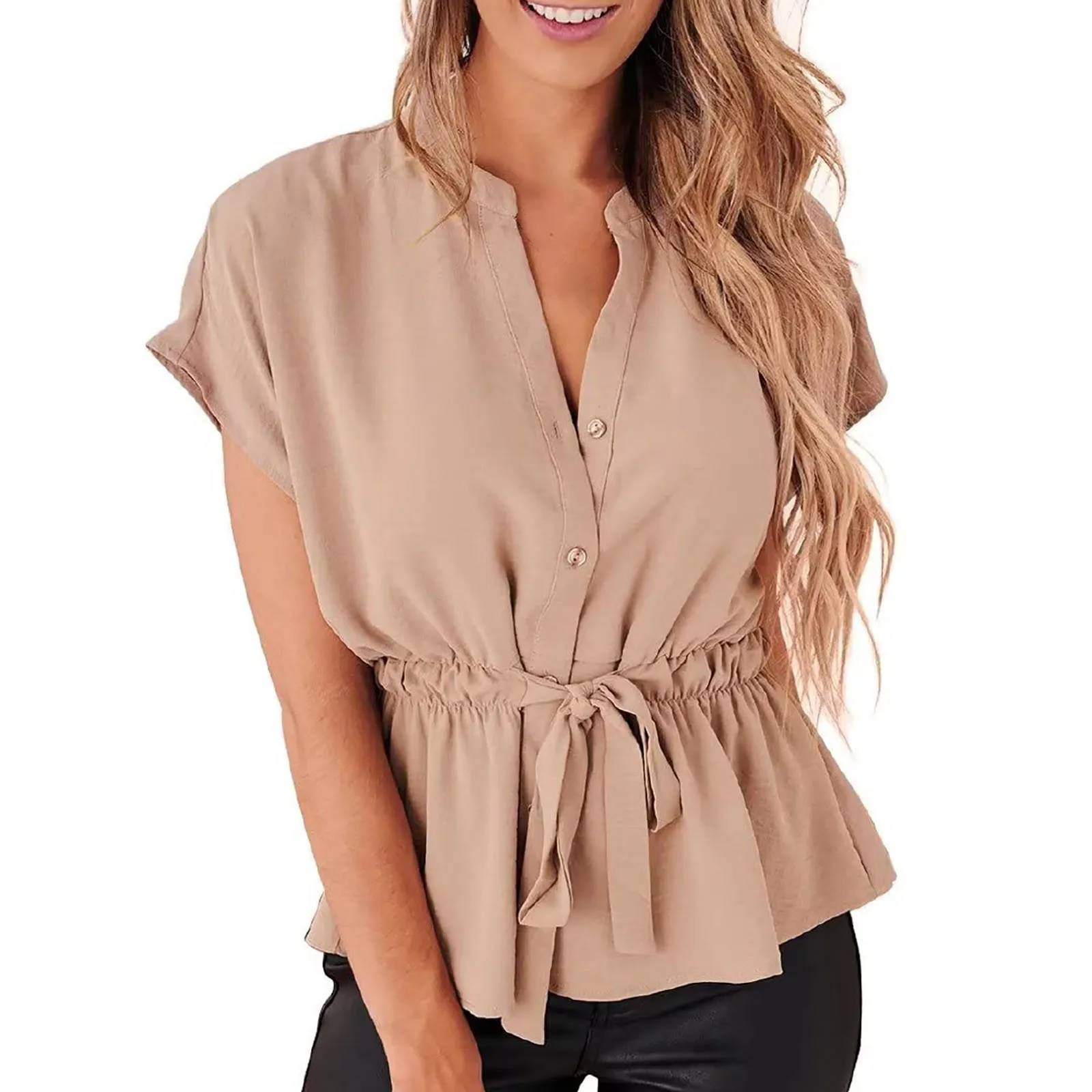

Elegant Short Sleeve Cotton And Linen Batwing Blouses Vintage Harajuku Loose Shirt Leasure Turn Down Collar Crepe Tops Tunics