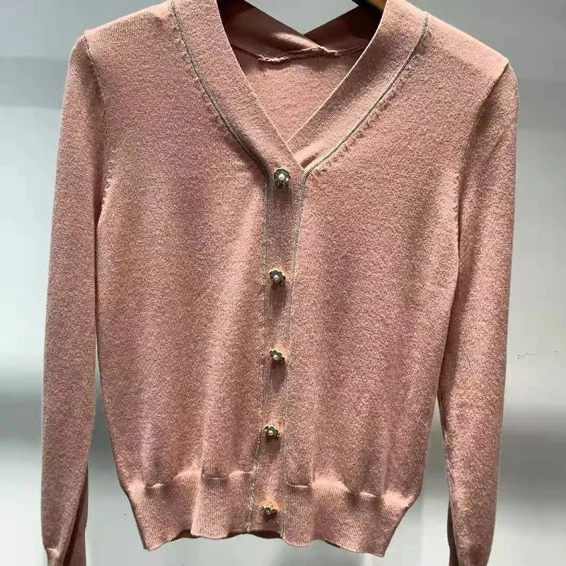 

High Quality Sweaters 2022 Auutmn Winter Pink Black Tops Women V-Neck Flower Button Front Long Sleeve Casual Knitted Tops Jumper