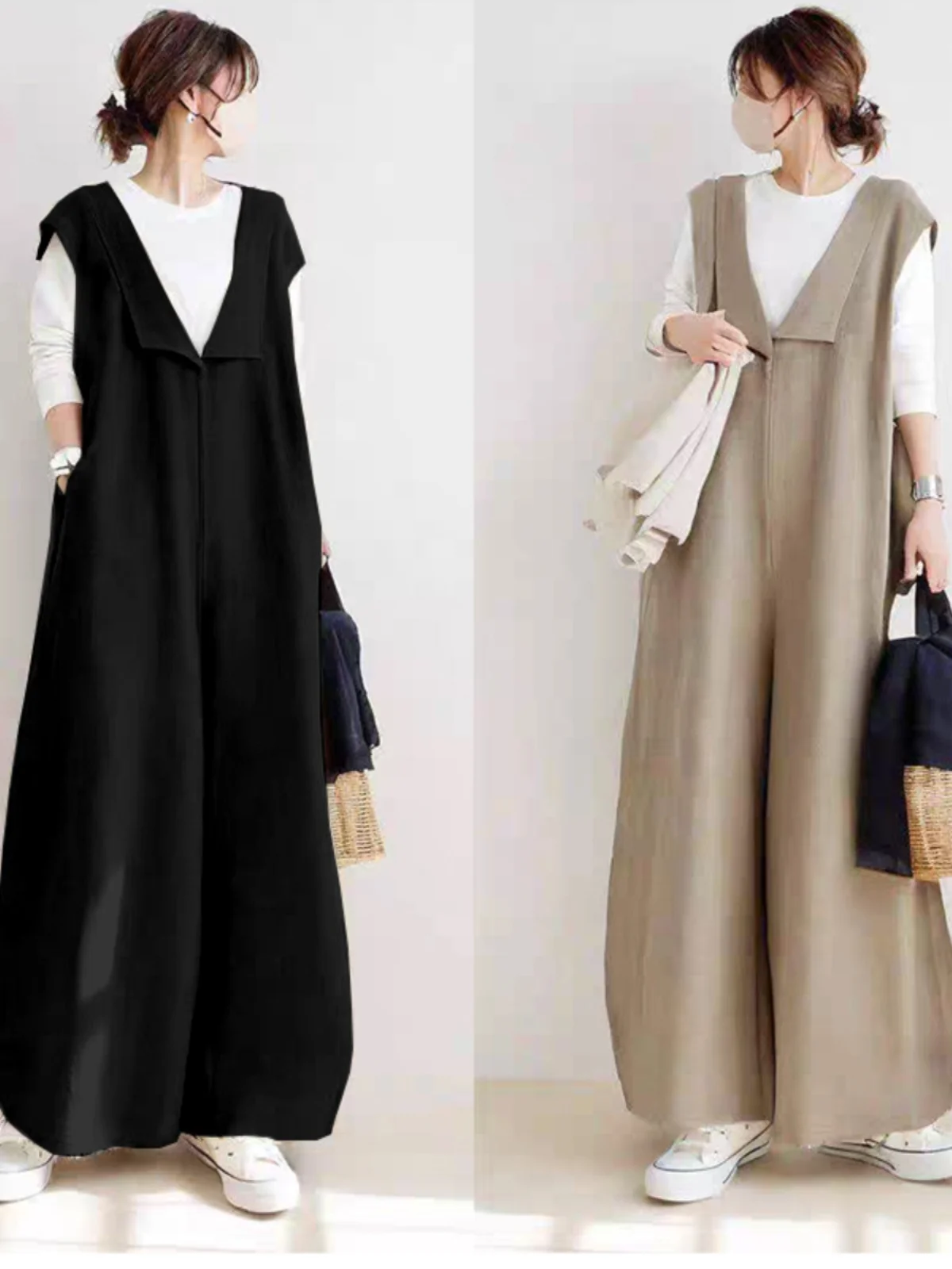 Loose Casual Cotton Lin Rer with Collar Svel Wide Leg Pants High Waist Nine Points High Street Sle Spring Summer New