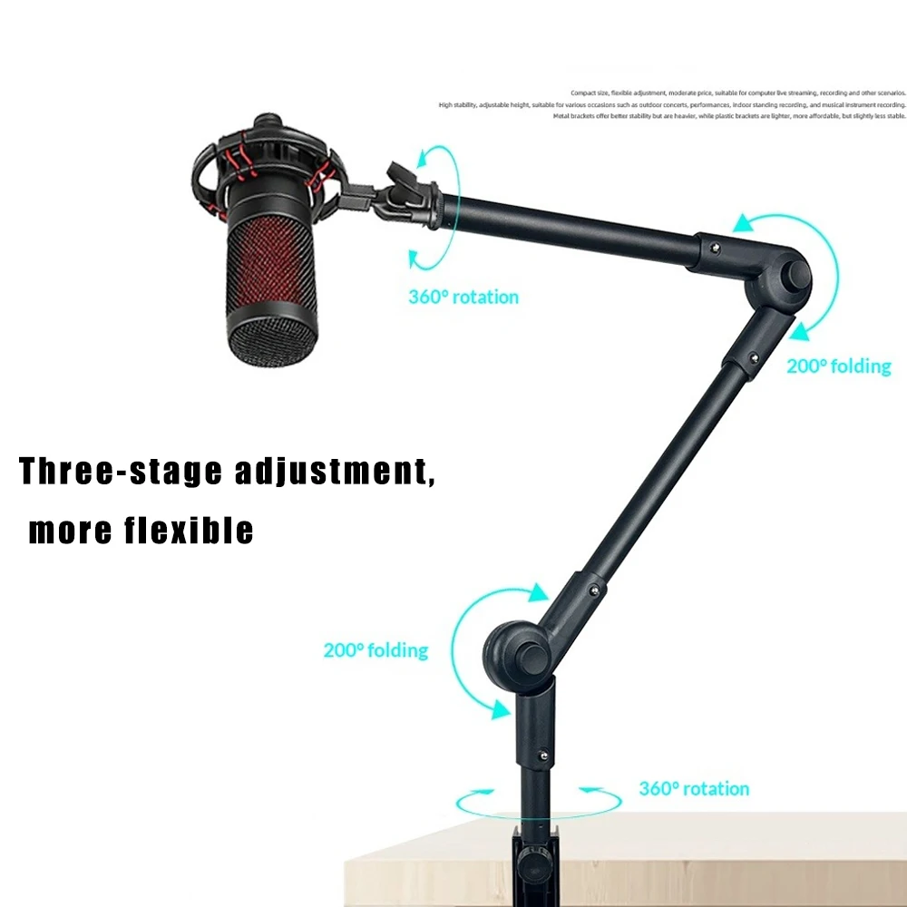 3단 마이크 붐 스탠드, 3/8인치 표준 인터페이스, 안정적이고 견고한 구조, 30cm+38cm 연장 암, 데스크탑 클램프형 설치, 충격 방지 마운트 장착, 라이브 스트리밍 및 녹음에 적합한 전문가용 선택, 