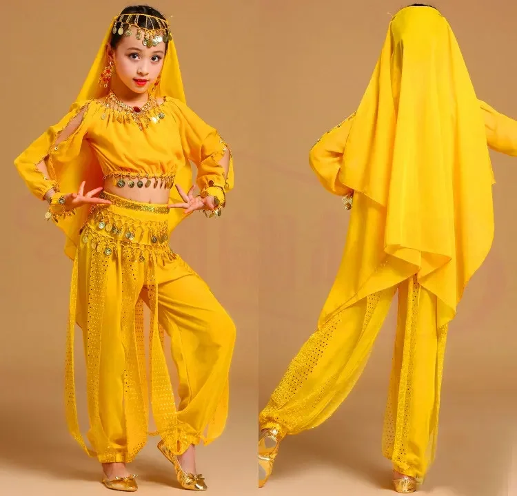 

4pcs Long Sleeve Children Belly Dance Costumes for Girls Stage Dance Performance Kid Dancing Suit Girl Coin Belly Dancing Set