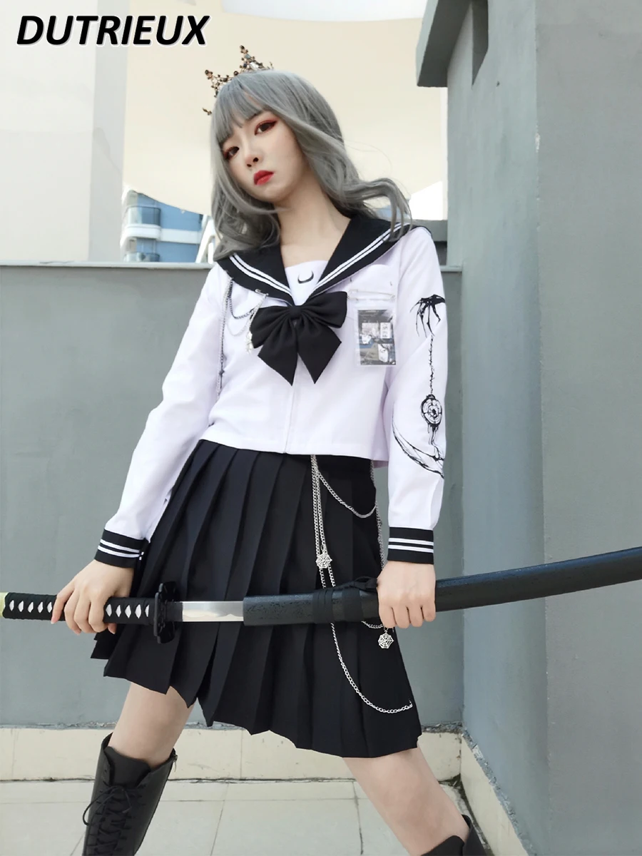 Japanese College Style JK Uniform Sweet Cool Girls Sailor Suit Long Sleeve White Shirt and Black Pleated Skirt Two-Piece Set