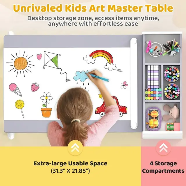 Children's Wooden Art Table and Chair Set with Storage and Paper Roll for Play, Learning, and Reading