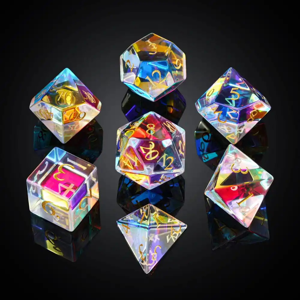 Set of 7 Handmade Glass Dice 16mm Polyhedral Dice Set with Leather Box Gemstone Dices for Collection