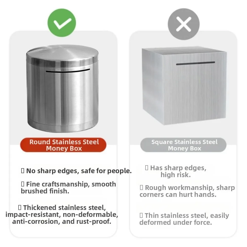 Stainless Steel Piggy Bank Cylindrical Type Durable Coin Storage Box Large Capacity Saving Money Box Adult Saving