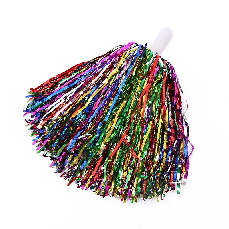 25g 50g 100g Plastic Handle Cheering Cheerleading Colorful Metallic Rainbow Pompoms Cheerleader Flower Foil Pom Poms