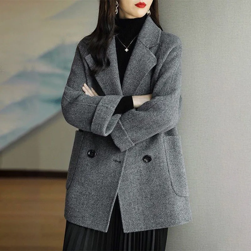 Korean Woolen Coat Women Elegant Autumn Winter Turn Down Collar Wool Blend Jacket All-Match Solid Colors Long Sleeve Outwear
