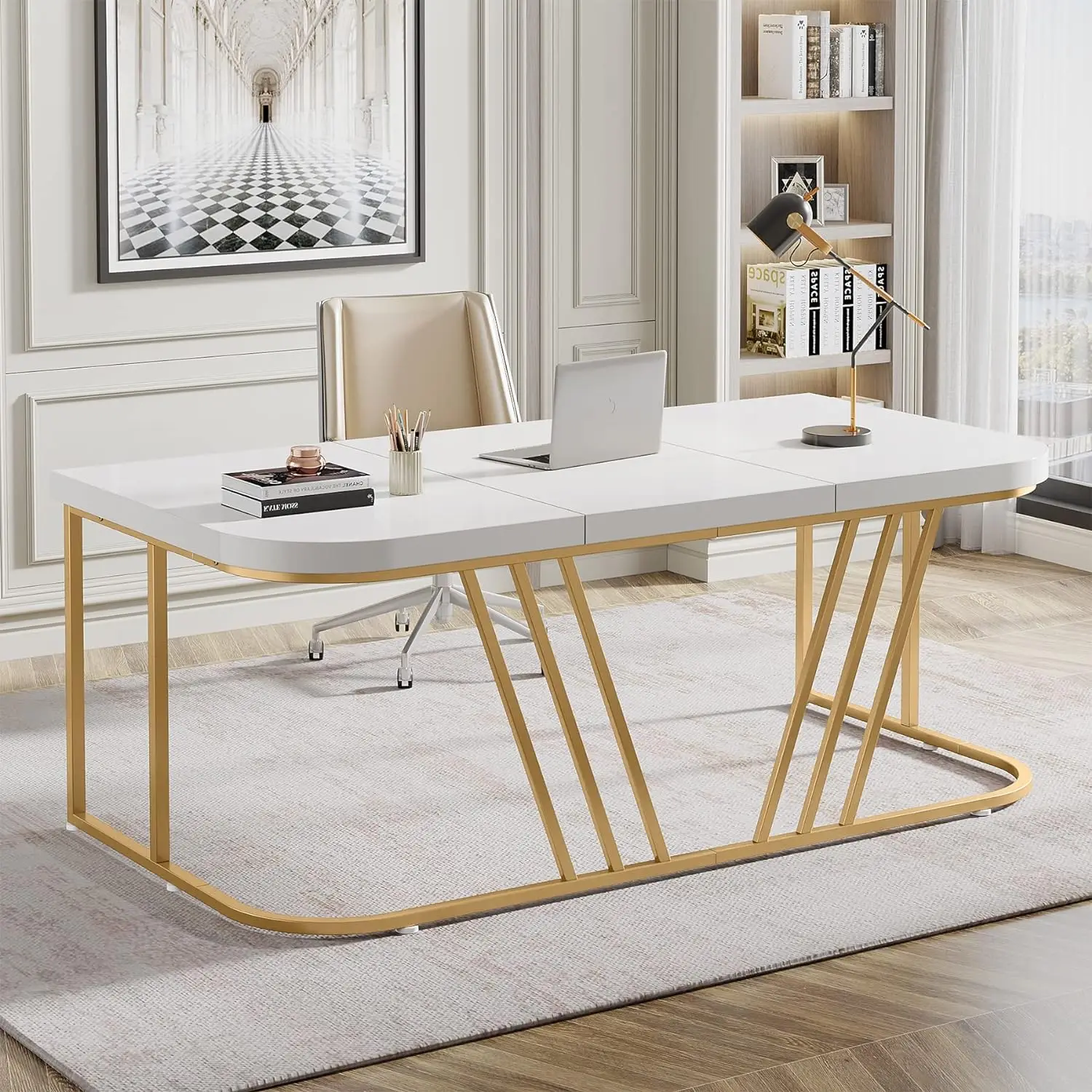 

63" Executive Desk, Large Home Office Desk with Metal Frame, Modern Wood Study Writing Computer Desk Conference Table