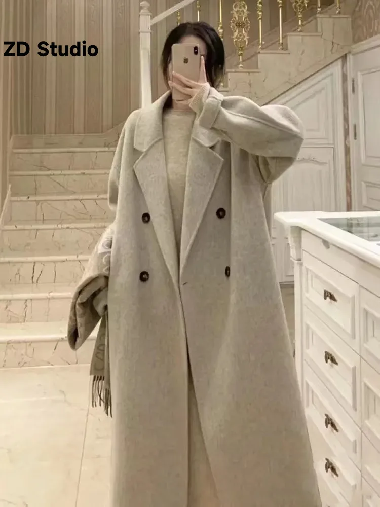 

[ZD Studio] 2023 New Wheat-colored Double-sided Cashmere Coat Autumn Winter Long Korean High-end Wool Camelwool Coat Women
