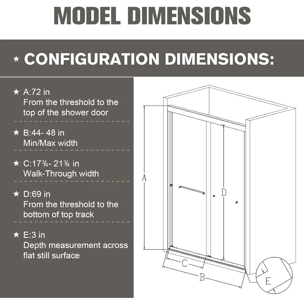 Shower Door 44-48"W Sliding Adjustable Semi-Frameless Bypass SGCC Tempered Glass Bathroom
