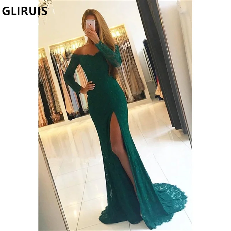 

Shinny Green Evening Dresses High Split Mermaid Off the Shoulder Beading Formal Party Celebrity Gowns For Women Occasion Wear