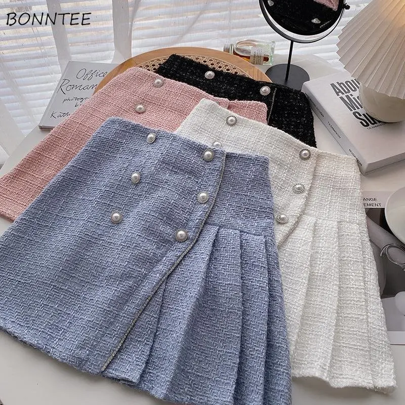 

With Lining Skirts Women Pleated Schoolgirl Chic Soft Femme Sweet Korean Style Mini Ins Solid Mujer Faldas Empire Vintage Autumn