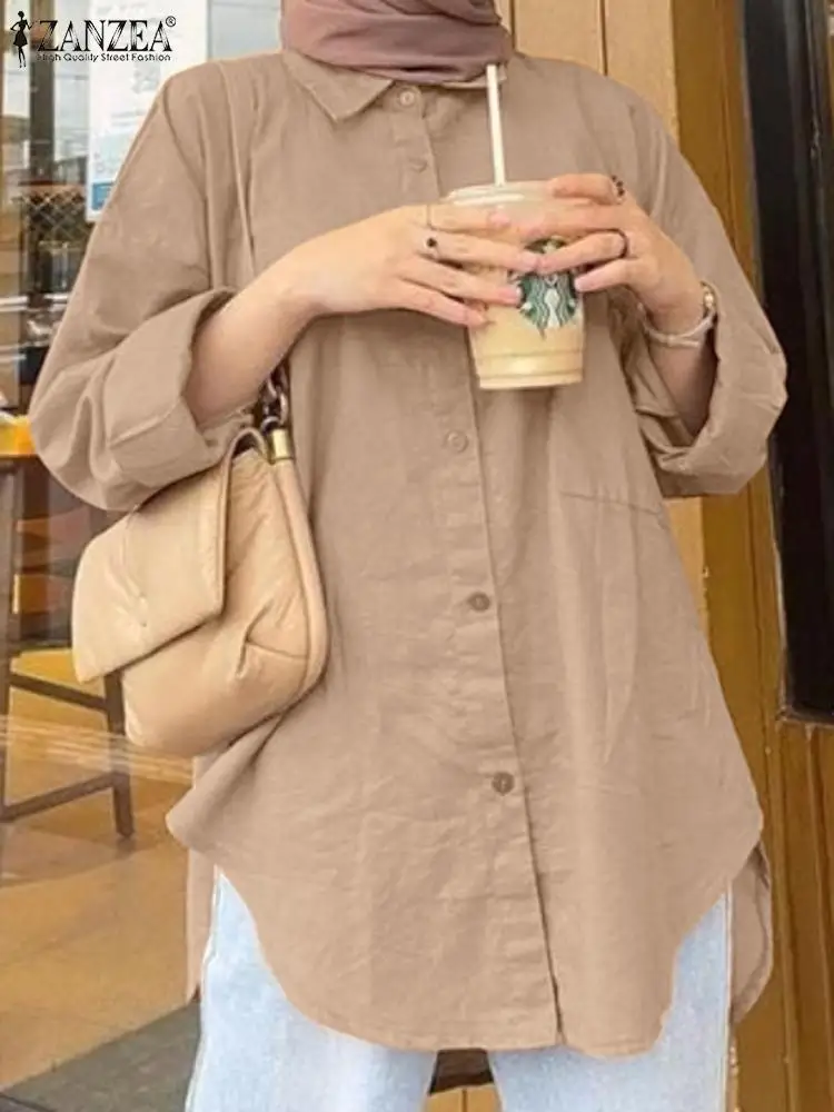 ZANZEA Autumn Fashion Muslim Blouse Woman Long Sleeve Lapel Neck Shirt Casual Party Tunic Tops Female Vintage Chemise Oversized