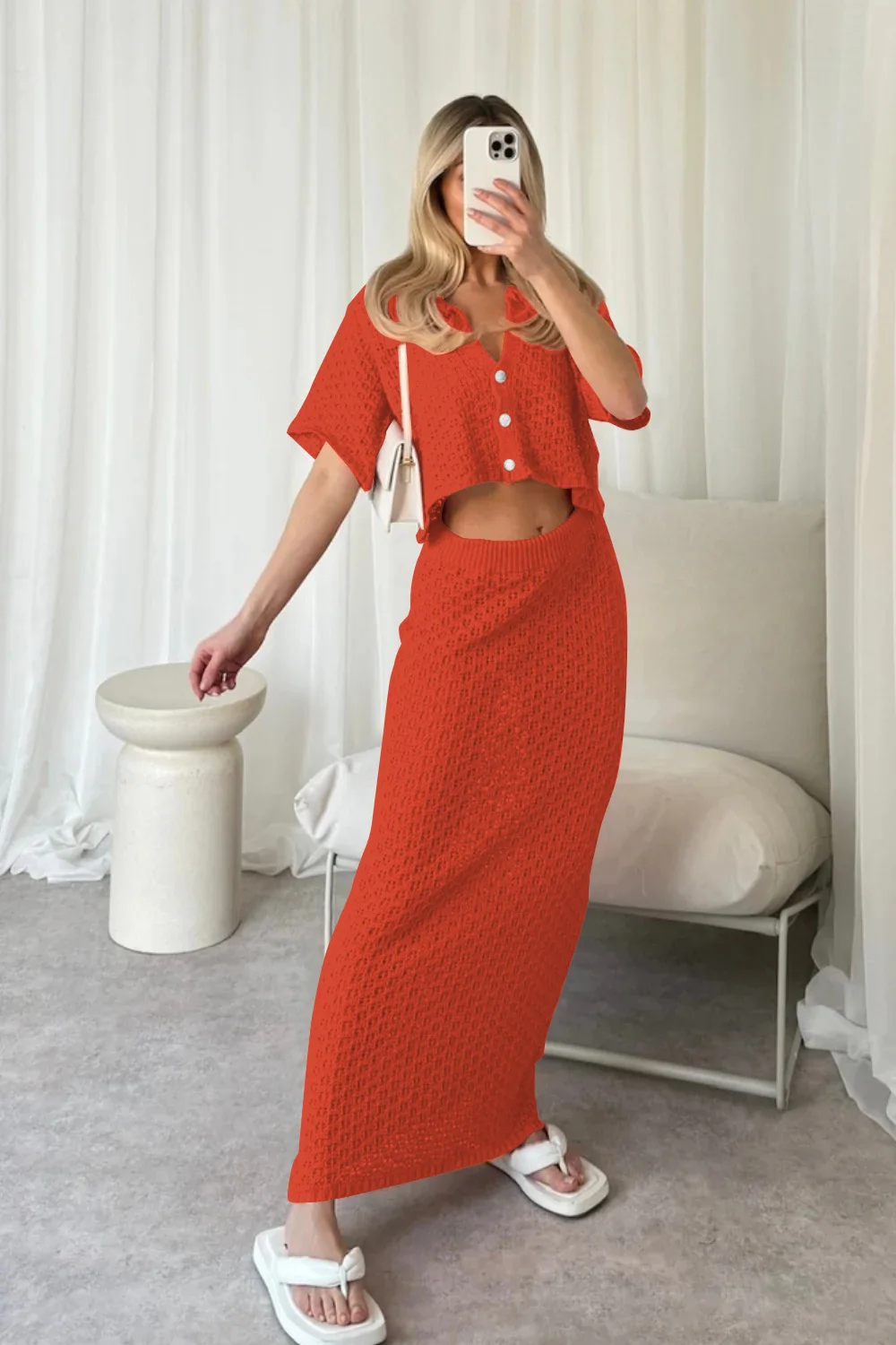 Knit Hollow Out 2 Piece-Set Long Skirt Women's Cropped Top Cardigan And High Waist Maxi Skirt Outfits Female Clothes