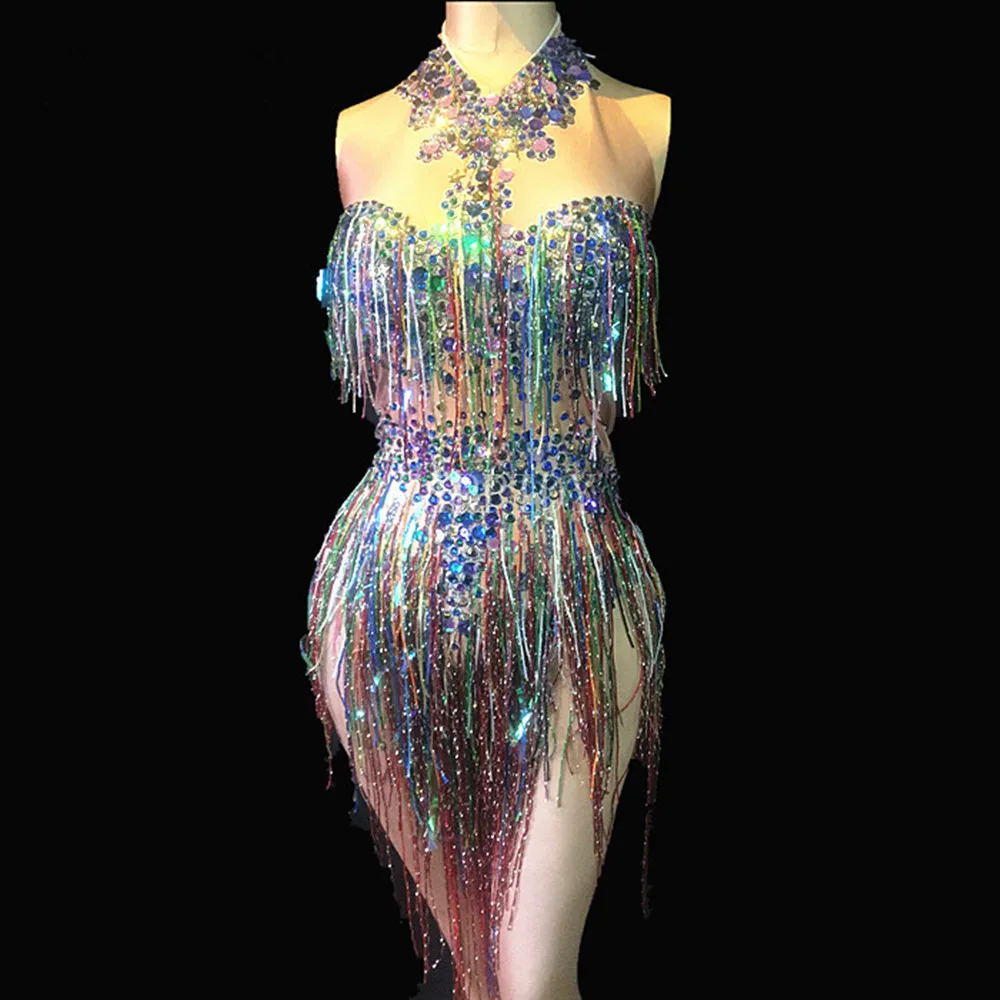 Girl Dance Costume Colorful Fringes Women Stage Dance Leotard Bodysuit