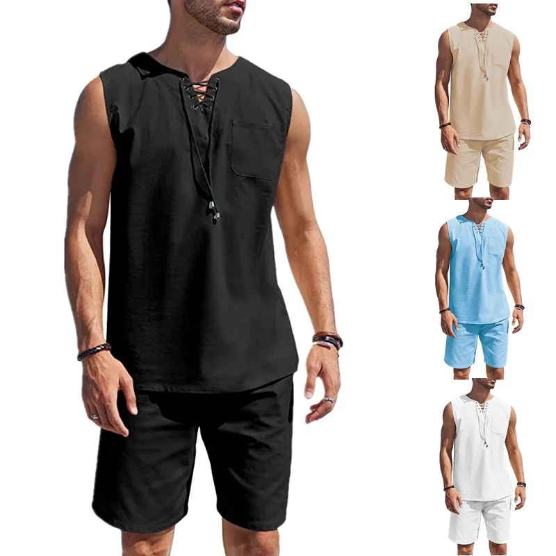 Men's Linen Set Mens Summer Two Piece Sets Men's Casual Sleeveless Vest Bandage Lace Up Linen Shirts + Shorts Set