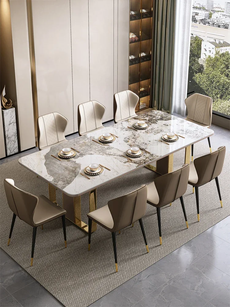 Light luxury bright rock plate dining table and chair combination modern simple rectangular marble dining table