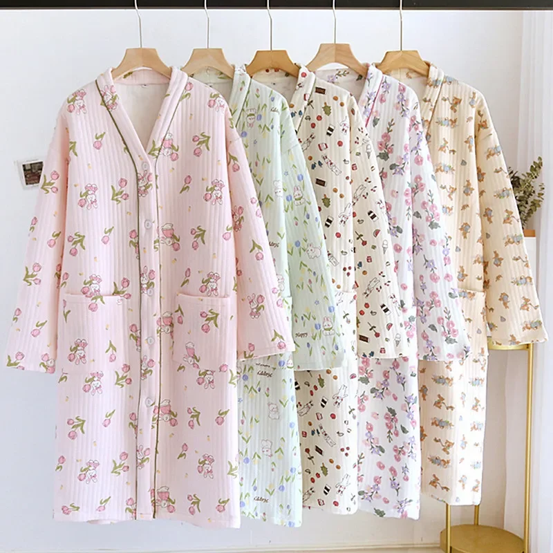 

Long Winter Dress Autumn Warm Thicken Loose Cardigan Female Layer V-Neck Women's Nightdress Air Nightgowns Cotton Sleeve