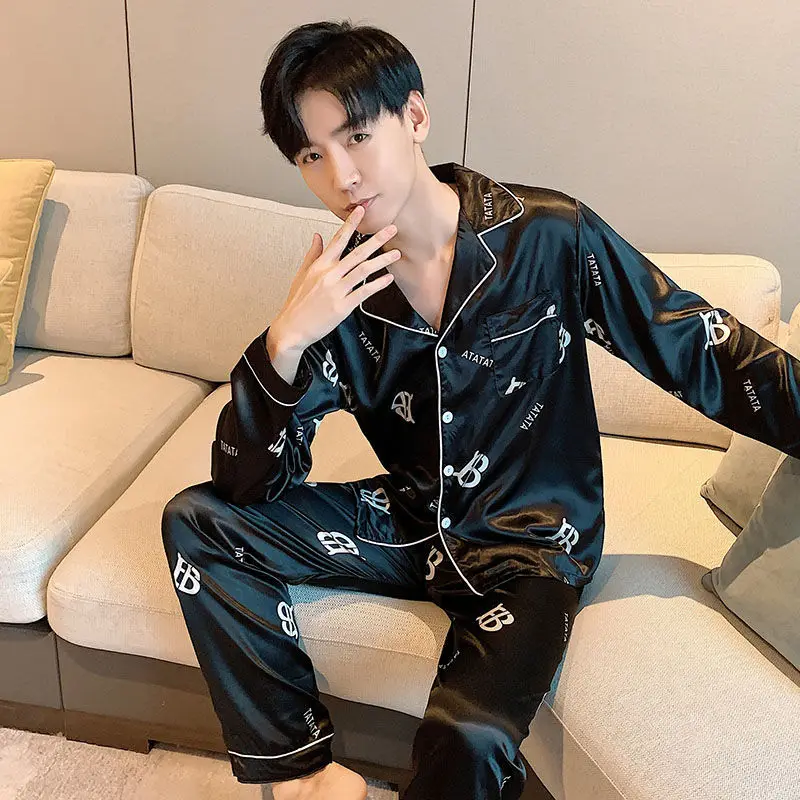 Spring Autumn Men's Thin Imitation Silk Pajamas Long Sleeve Cardigan Pants Oversized Casual Home Clothing Set Jacquard Sleepwear