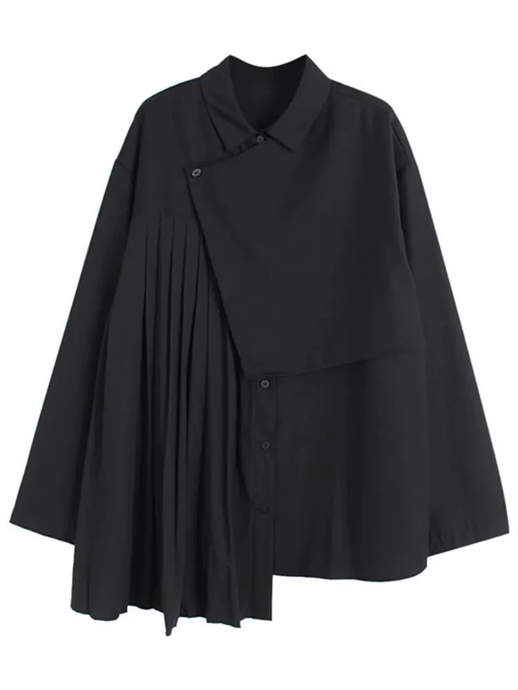 

NICEWOMEN Women Black Irregular Pleated Big Size Blouse New Lapel Long Sleeve Loose Fit Shirt Fashion Spring Autumn 2023 AH18