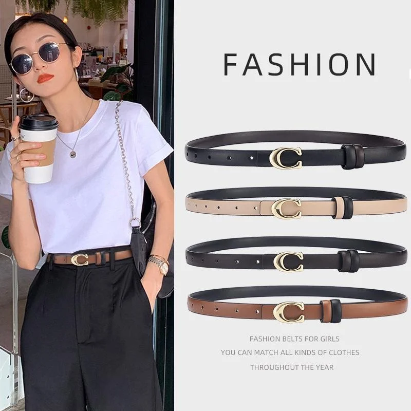 

Women Fashion Belts Double Sided Use Letter C Metal Buckle Jeans Dress Versatile Fine Waist Belts Lady Leather Waistband Gifts