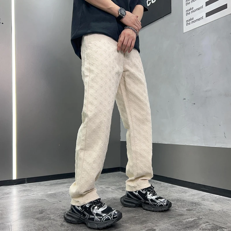 

2024 new men's fashion embroidery street hip-hop trend of wide-leg straight Korean version of the casual pants white loose jeans