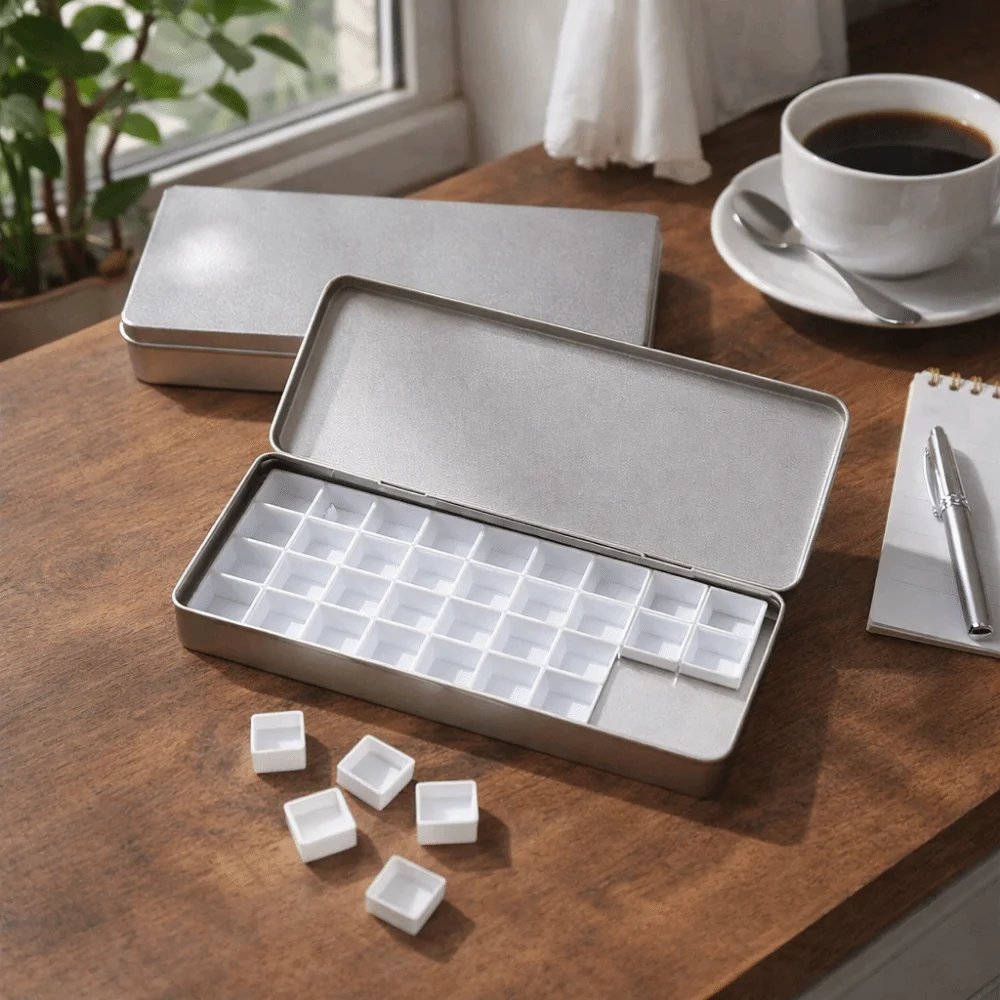 실버 컬러 수채화 포팅 박스 휴대용 빈 페인트 팔레트 박스 36칸 분리형 페인트 트레이 수채화 포장 상자