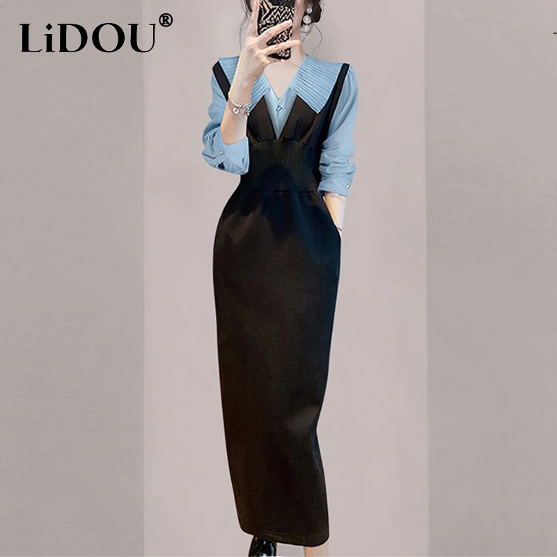 

Spring Summer Elegant Fashion Polo-neck Long Sleeve Shirt Temperament Tank Dress Set Women Blouse Sleeveless Robe Suit