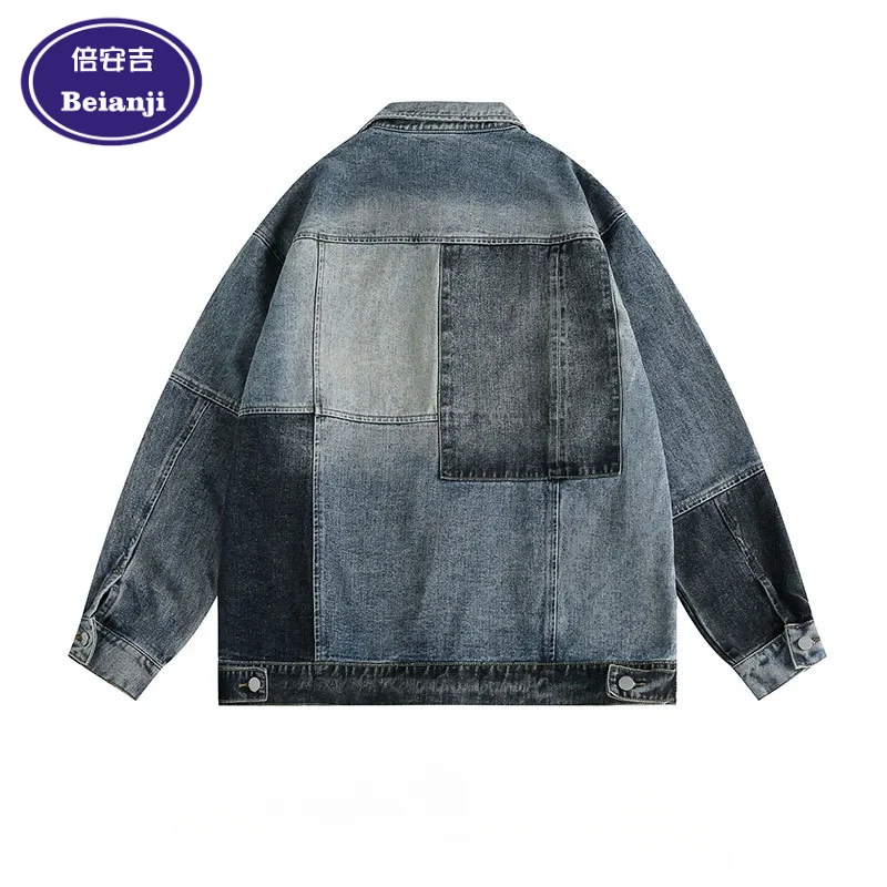 Loose casual lapel jacket Spring and autumn design sense color acid denim coat fashion brand American hiphop men jacket Beianji 2