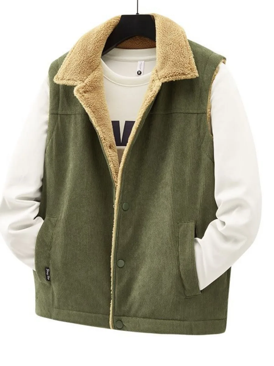 Autumn Winter New Corduroy Vest Jacket Men's Thicker Warm Vest Lamb Fleece Lapel Waistcoat 2024 Man Casual Sleeveless Outerwear