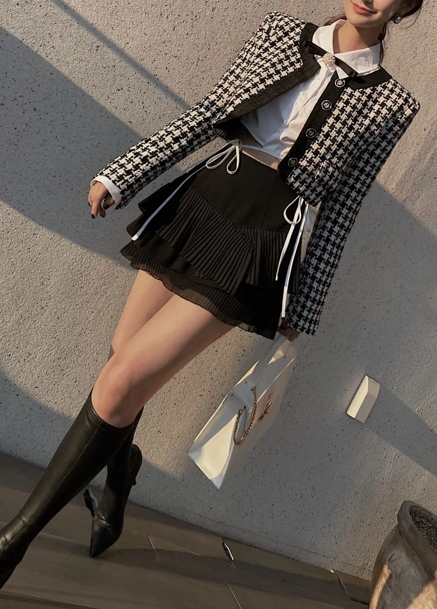 Elegant Cropped Jacket Women French Vintage Single Breasted Long Sleeve O-neck Top Autumn Y2k All-match Houndstooth Coats New