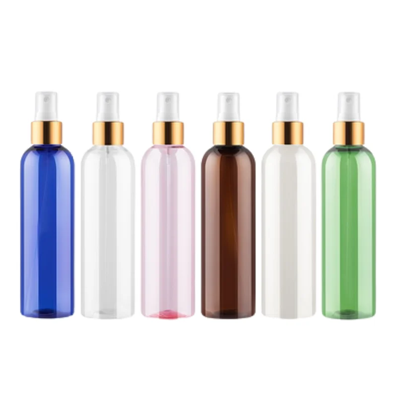 

20Pcs Plastic Bottle 250ML Empty Round Shoulder Shiny Gold Collar With Clear Lid Cosmetic Refillable Packing Mist Spray Bottles