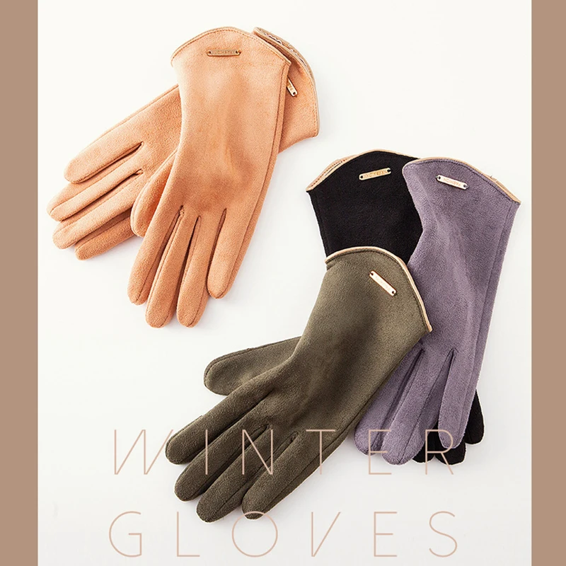 

Winter Women Touch Screen Keep Warm Gloves Plus Velvet Thin Cashmere Solid Cycling Drive Suede Fabric Fashion Elegant Windproof