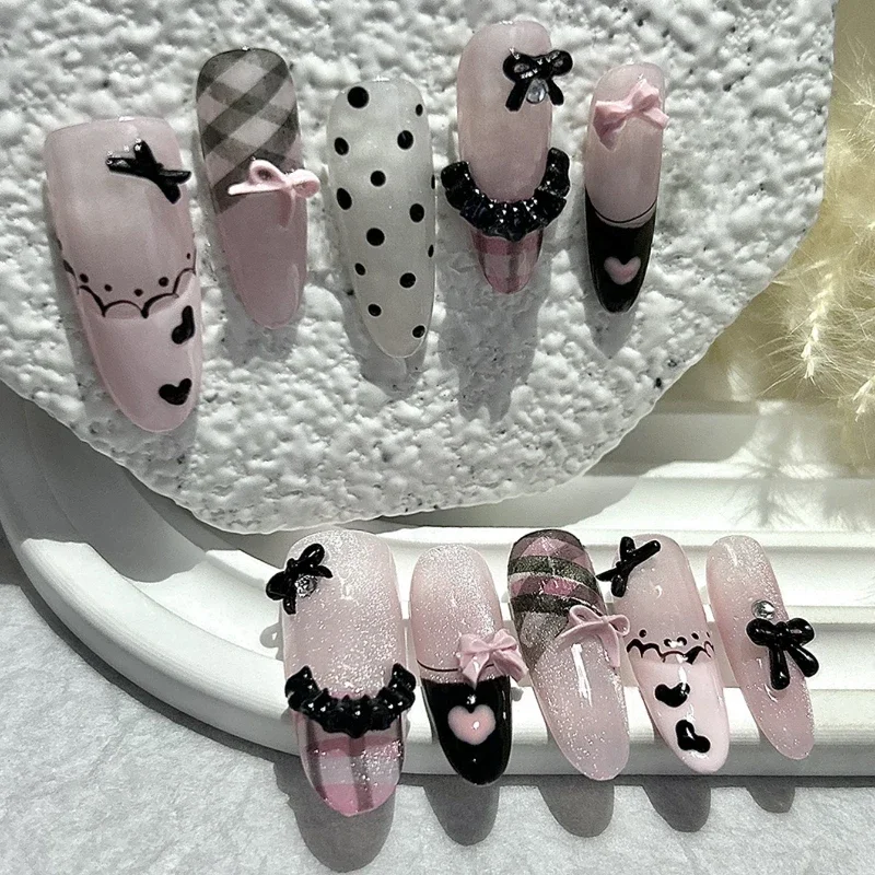 Elegant Black and Pink Handmade Press-On Nails with French Almond Design and Cute Bow Accents