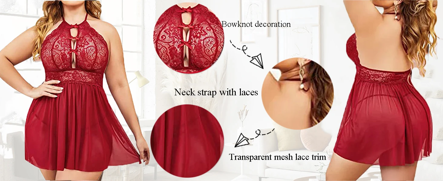 Halter Lace Nightdress shown from another angle with bow accents and soft mesh fabric