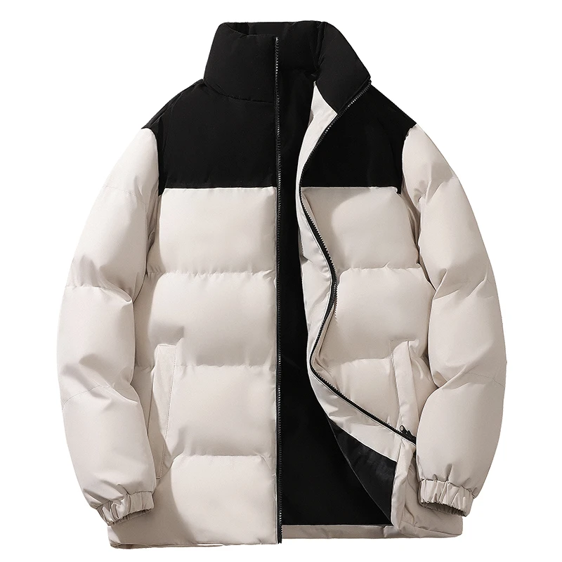 2024 New Men's Winter Fashion Spliced Zipper Pocket Solid Color Versatile Plush Casual Down Jackets Long Sleeved Cotton Coat