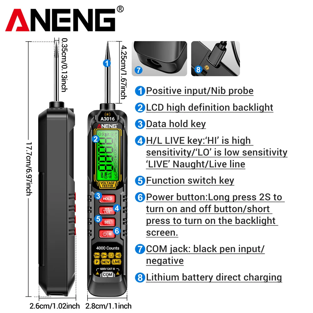 ANENG A3016 Digital Pen Multimeter 500mA Rechargeable Tester 4000 Counts AC/DC Voltage 40MOhm NCV Detector Tools