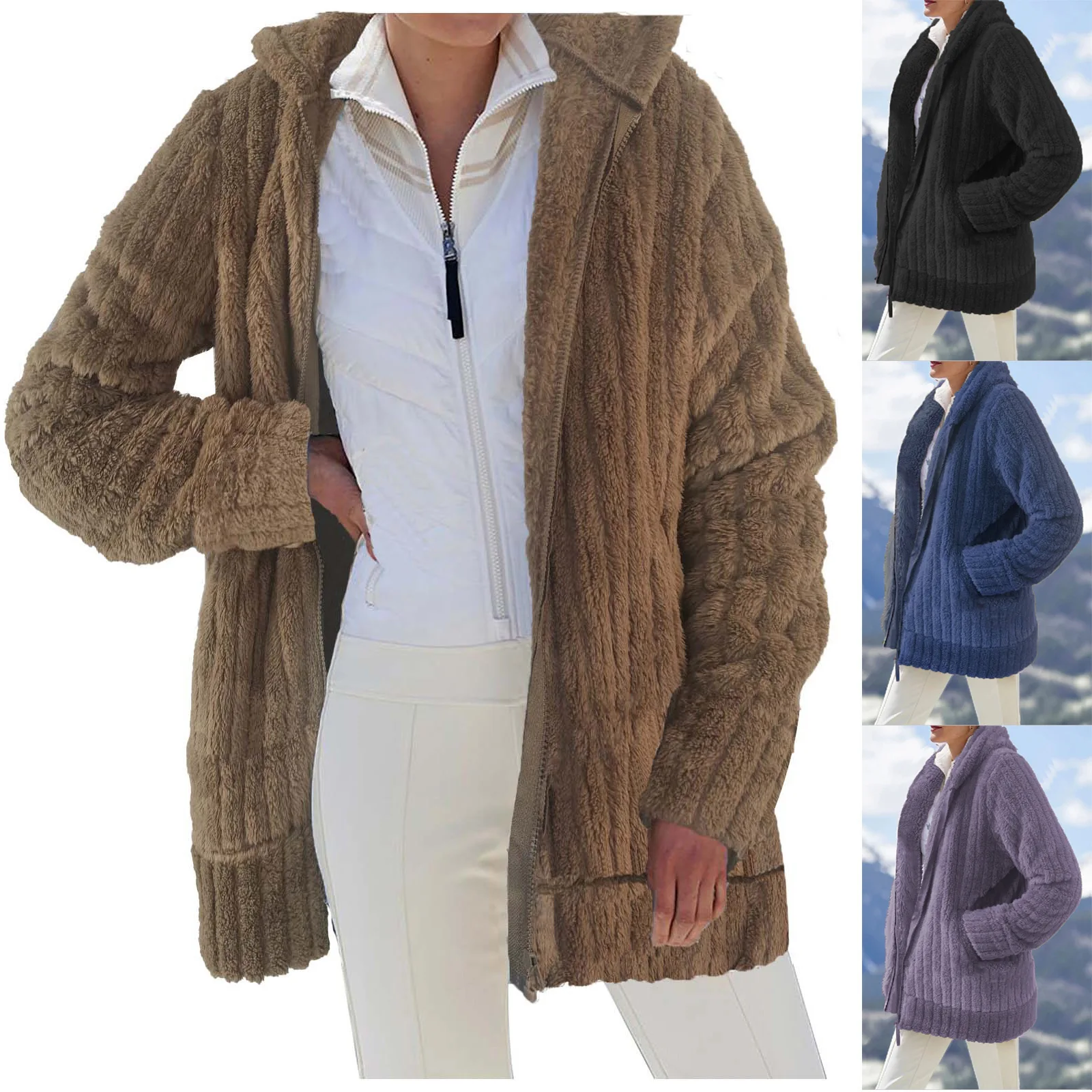 

New Autumn and Winter 2022 Warm Plush Solid Color Zip Pocket Hooded Loose Coat Women Female Casual Jackets Coats