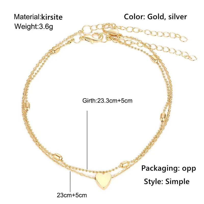 Beads Anklet Bead Double Heart Anklet Creative Retro Simple Multi-layer Alloy