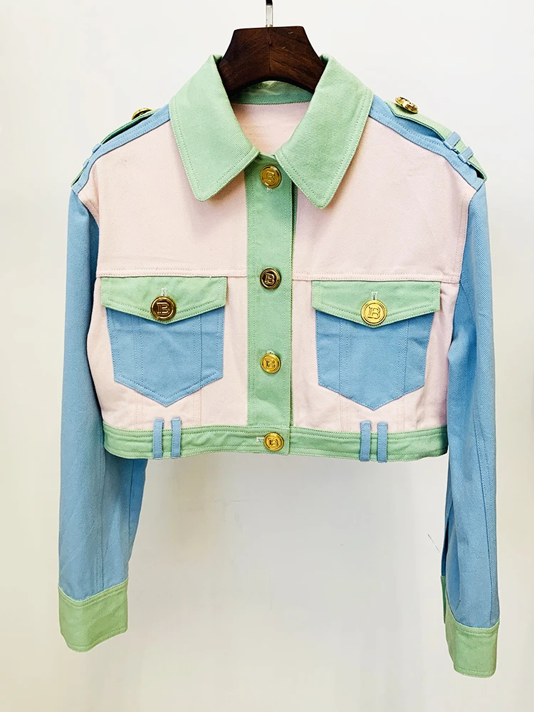 

HIGH STREET Newest 2024 Fashion Designer Women Color Block Crop Denim Jacket