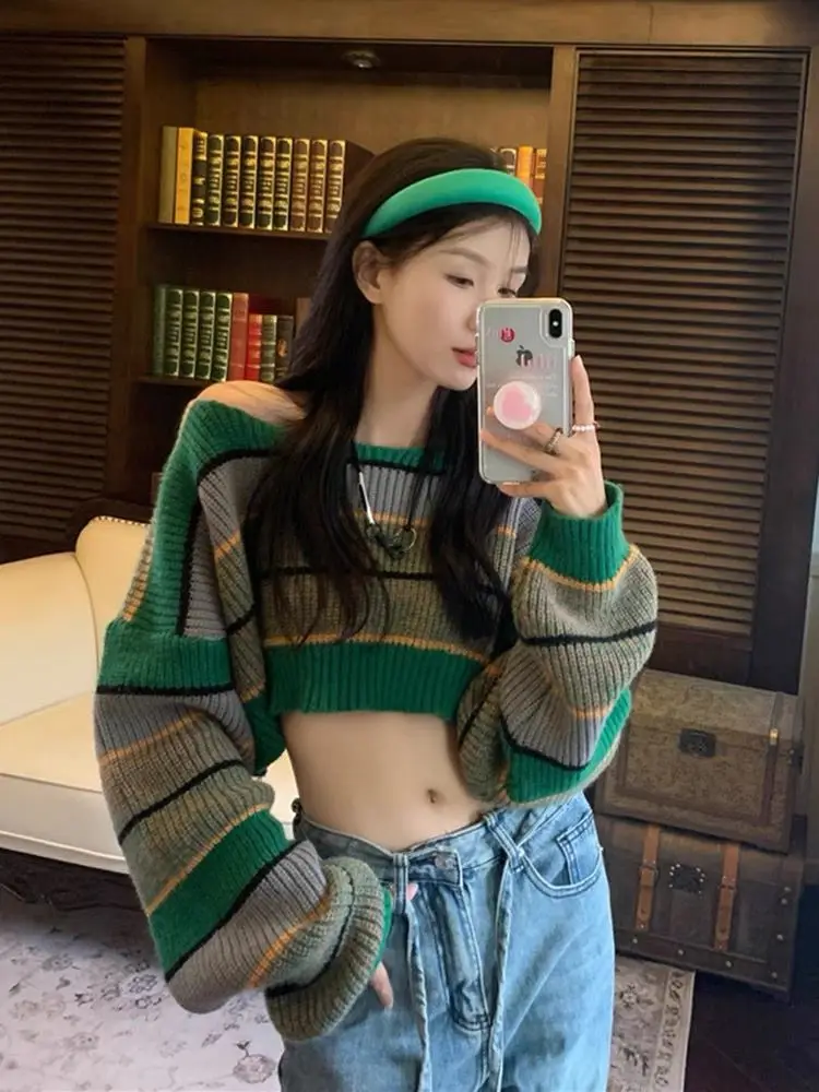 

Женский короткий свитер в цветную полоску, вязаный Топ с круглым вырезом, Новый ленивый стиль, весна и осень