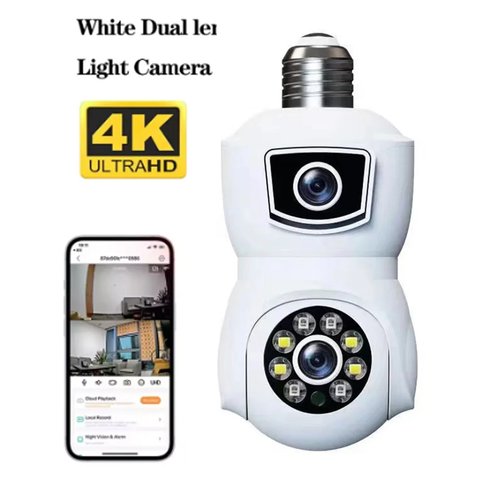 128GB 4K 8MP E27 Bulb WiFi Camera Dual Lens Dual Screen Auto Tracking Two Way Audio Color Night Vision Outdoor Security Camera 1